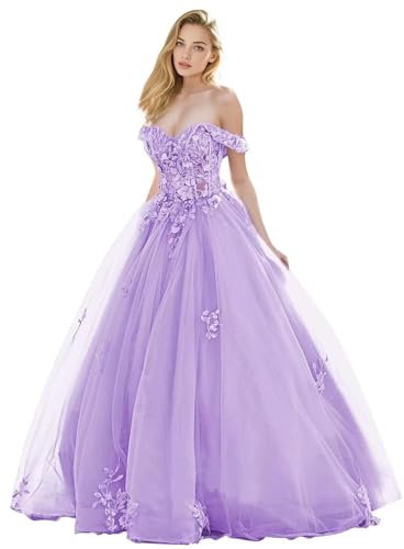 Off Shoulder Prom Dresses for Women's Lace Applique Corset Ball Gown Long Tulle Formal Evening Gowns Lilac 4