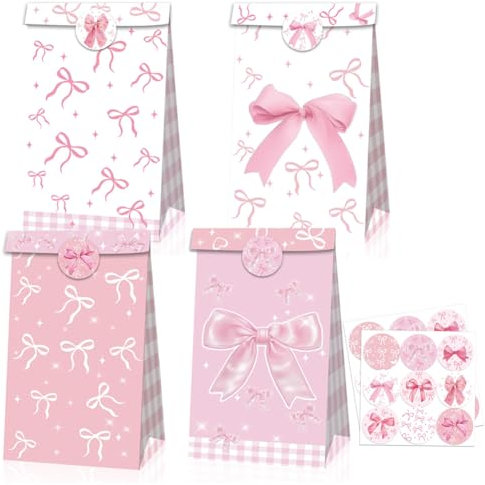 SUNSK Schleife Geschenktüten Rosa Papier Partytüten Candy Tüten Süssigkeiten Beutel Kindergeburtstag Mitgebsel Tüten mit Aufkleber für Mädchen Geburtstag Weihnachten Party Dekoration 12 stk