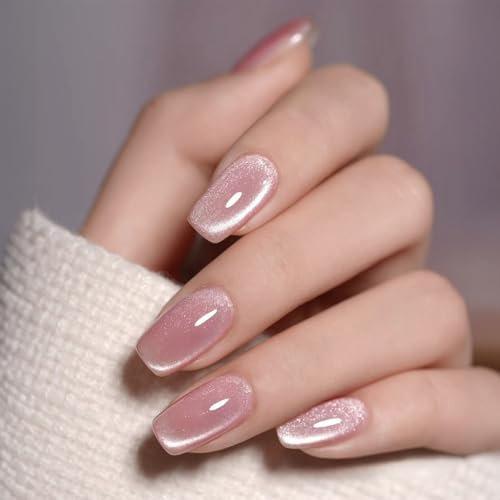 DMQ Pink Glitter False Nails, 24Pcs Square Cat Eye False Nails Short, Sparkly Shiny Fake Nails Press ons, Cute Bling Acrylic Full Cover Stick on Nails for Women Girls