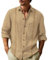Mens Linen Cotton Shirts Summer Beach Casual Shirt Long Sleeve Lightweight Solid Tops Khaki