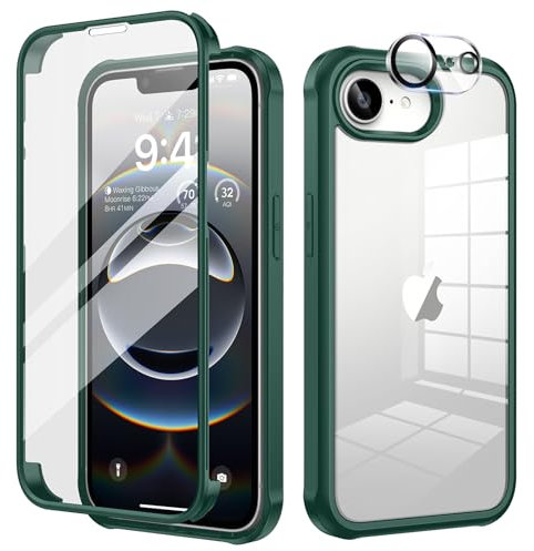 seacosmo for iPhone 16e Case, Full-Body Shockproof Case [Built-in Glass Screen Protector] [Camera Lens Protector] 360° Front and Back Cover for iPhone 16e 6.1 Inch - Green/Clear