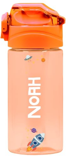 EASY2NAME Personalisable Water Bottle for children – leak-proof children's drinking bottle with straw – 100% BPA-free – robust bottle for boys and girls – dishwasher safe – 450ml - (Orange)