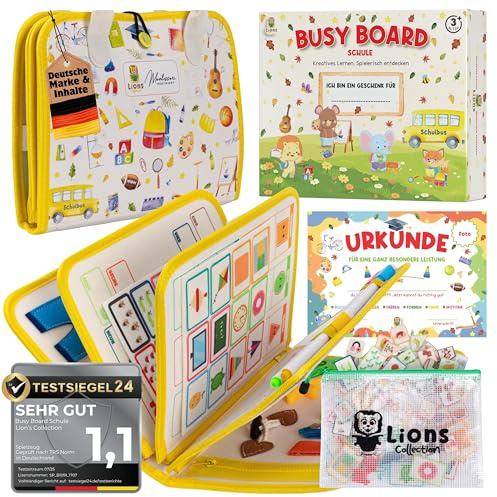 Lion’s Collection Montessori Busy Board Deutsch ab 3 Jahre – Busy Book & Activity Board für Kinder – Motorikbuch & Lernbuch – Reisespielzeug für Auto, Zug & Flugzeug