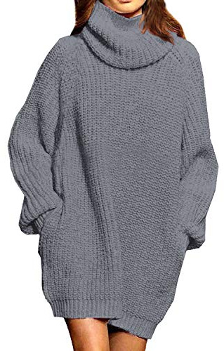 Pink Queen Damen Strickpullover Oversize Pulloverkleid Rollkragen Lose Taschen Langarm Lässig Longpullover Grau L