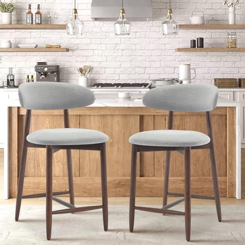 COLAMY Barhocker 2er Set, Bar Hocker mit Lehne, Küchenstühle mit Rückenlehne, Barstuhle mit Holzbeinen für Küche, Bar, Esszimmer, Büro, Hellgrau