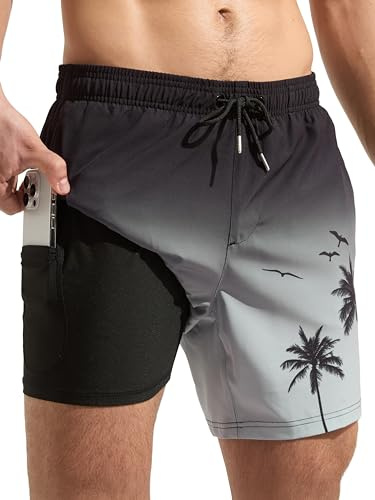 Arcweg Short de Bain pour Homme 2 en 1 avec Boxer doublé pour Homme avec Doublure de Compression Short de Plage à séchage Rapide Cocotier Noir-Gris XL(EU)