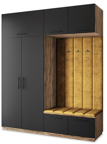 Masseno Flugarderoben Set Rema, Kleiderschrank-Set mit Sitzbank, Garderobenschrank Flur mit 5 Regalböden, Eiche Lefkas/Schwarz
