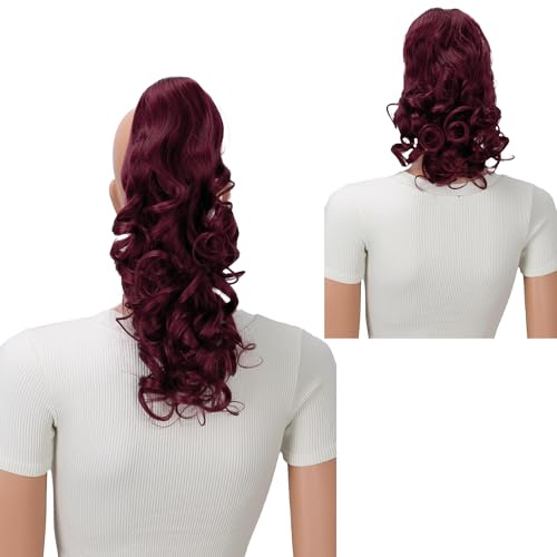 CAISHA 2in1 Reversible Synthetic Ponytail Claw Clip Burgundy Red H17-2 | 12 14 Heat Resistant Hair Piece Extension Flip Change Length Long Volume Pieces Fake False Hairpieces Butterfly Jaw Clip