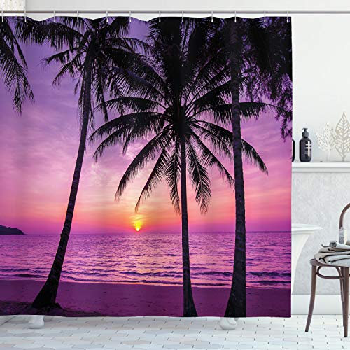 ABAKUHAUS Océan Rideau de Douche, Palms Silhouette Violet, Tissu Ensemble de Décor de Salle de Bain avec Crochets, 175 cm x 200 cm, Violet Noir