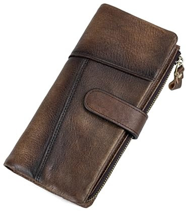 Geldbörse Damen RFID Leder Gross Geldbeutel mit Reißverschluss Portemonnaie Weiches Leder Frauen Damen Portmonee Kaffee