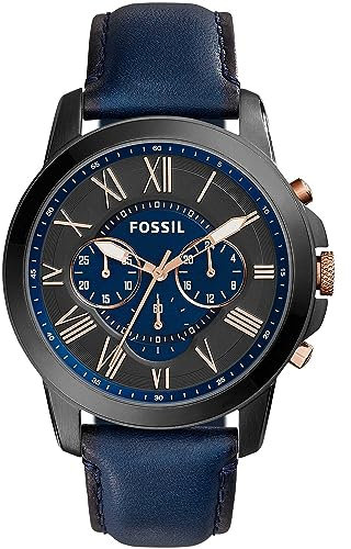 Fossil Grant uhr für Herren, Quarz-Chronographenwerk, mit Edelstahl- oder Lederarmband, Blau und Schwarz, 44MM