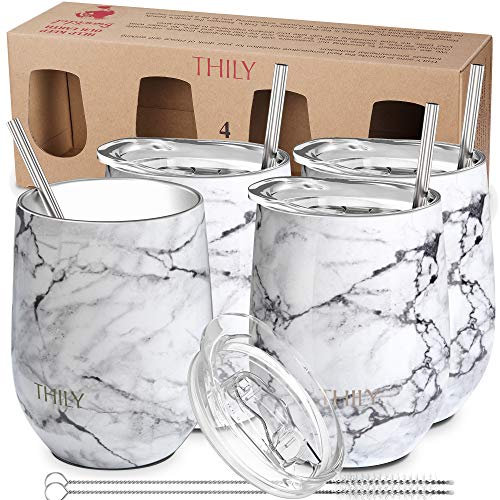 THILY Stainless Steel Stemless Wine Tumbler 4 Pack Vacuum Insulated Travel Wine Glasses Set with Sliding Lids and Straws, 350 ml, Keep Cold for Juice, Coffee, Beer, White Marble