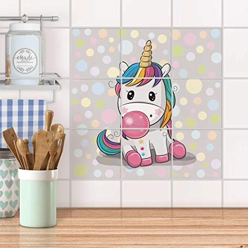 Fliesenaufkleber für Bad und Küche I Fliesen Folie Sticker wiederablösbar I Fliesen renovieren - Fliesenmuster für Bad- und Küchenfliesen I Design: Rainbow das Einhorn