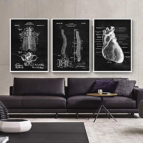 Vintage Schwarz-Weiß Poster Und Drucke Skelett Herz Anatomie Wandkunst Leinwand Malerei Bild Nordic Medical Office Klinik Dekor 12X16X3Pcs Kein Rahmen