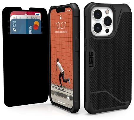 Urban Armor Gear Metropolis Folio Hülle kompatibel mit Apple iPhone 13 Pro [Wireless Charging (Qi) kompatibles Cover, Case mit Standfunktion & Kartenfächern] Kevlar schwarz, 113156113940