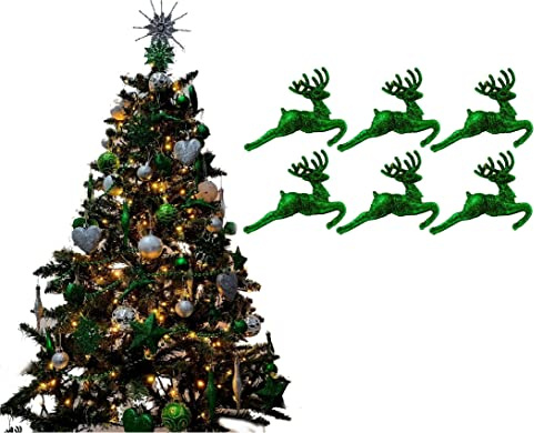 Pack of 6 - Hanging Glitter Reindeer Christmas Tree Decorations - 2.2cm x 9.5cm (Dark Green)