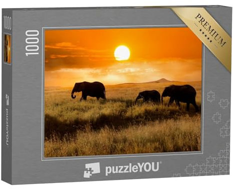 puzzleYOU: Puzzle 1000 Teile „Elefantenfamilie bei Sonnenuntergang, Nationalpark von Afrika“ – aus der Puzzle-Kollektion Safari