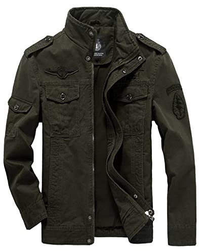 MERCIYD Blouson demi-saison pour homme, style militaire, col montant, blouson d'aviateur, d’armée, de campagne, bomber, en coton, multi-poches, Vert armée., XXXL