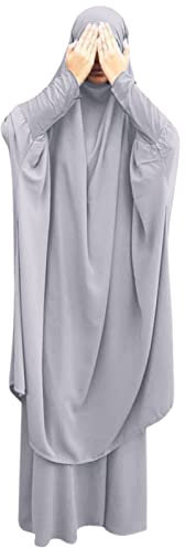 Frauen Jilbab Kleid Muslim Langarm Maxi Gebetsrobe Einfarbig Lose Vollständige Bedeckung Khimar mit Rock für 2-TLG Outfit für Außenbereich Grau One Size