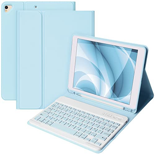 Clavier pour iPad 10.2 9th 2021/8th 2020/ 10.2 7th 2019/10.5/Air 3, Coque clavier Wireless Bluetooth Français pour IPad Pro 10.5 Housse avec Stylet-Fente,Étui Clavier Amovible pour iPad (Light Blue)