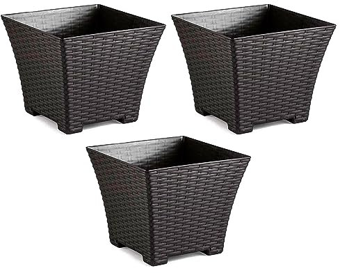 AC - Pack de 3 macetas Cuadrada - Fabricación en plástico – Diseño Rattan – Ideal como macetero, Tiesto, Recipiente para Plantas, Flores, balcón, terraza, jardín – 25 cm – Color Wengué