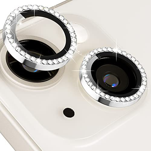 Glitzer Kameraschutz Design für iPhone 14 / iPhone 14 Plus/iPhone 15 / iPhone 15 Plus Kamera Schutz Bling,ICARERFAMILY Ultra HD Clear Diamond Kameraschutz, Einfach Installieren - Silber