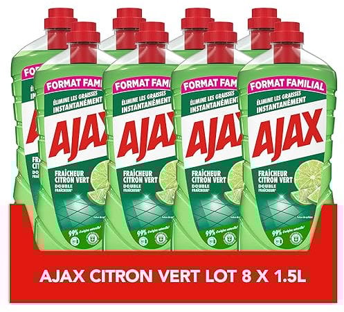 AJAX - Haushaltsreiniger für Boden & verschiedene Oberflächen, ultra-entfettend, Limettenduft, ohne Ausspülen – umweltfreundliche Formel – 8 x 1,5 l