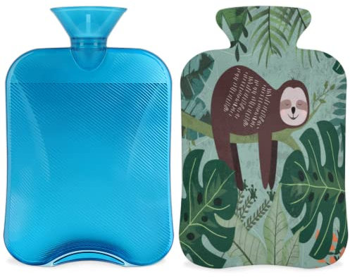 Wärmflasche mit Bezug, 2 l, Dschungel-Faultier, Wärmflasche für Bettwärmung/Periodenschmerzlinderung, Palmblätter, Tier-Wärmflaschenhülse