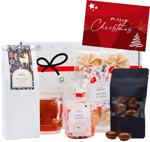 Weihnachtliches Geschenkset „Winterzeit“ | Geschenkkorb mit Tee, Weihnachtsgebäck & Schokolade Pralinen, Bonbons und Weihnachten Grusskarte