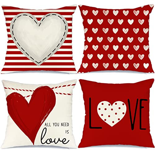 GEEORY Valentinstag-Kissenbezüge, 45,7 x 45,7 cm, 4 Stück, für Valentinstag, Dekoration, rote weiße Streifen, Punkte, Liebesherz, Valentinstag, Dekoration, Valentinstagsdekoration