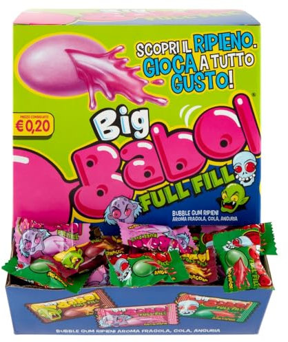 Big Babol Full Fill, Chewing Gum Morbido, Gusto Anguria, Fragola, Cola, Ottime da Condividere, per Feste e Compleanni Bambini, Confezione da 200 Incartate Singolarmente