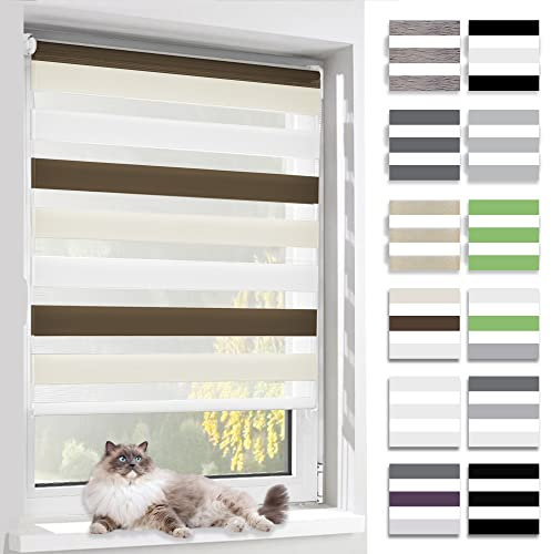 BelleMax Doppelrollo Klemmfix ohne Bohren & mit Bohren, 110x120cm(BxH), Weiß Creme Braun, Duo Rollo, Sonnenschutz lichtdurchlässig Blickdicht, Klemmrollo Fensterrollo, Rollos für Fenster und Tür