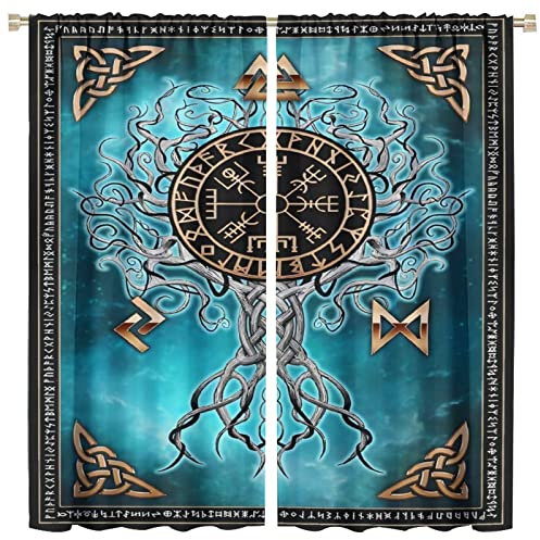 Wikinger-Vorhänge, Wikinger-Totem-Vorhänge, antikes skandinavisches Schlafzimmer, Wohnzimmer, Dekoration, 2 Paneelgruppen, B 107 x L 114 cm