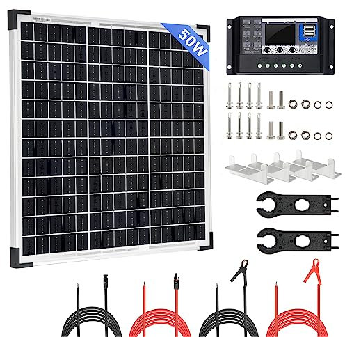 Kit panneau solaire 50W 12 volts avec régulateur de charge 30A, câbles solaires et supports en Z pour camping-car, remise, bateau, caravane, camping-car et autres applications hors-réseau