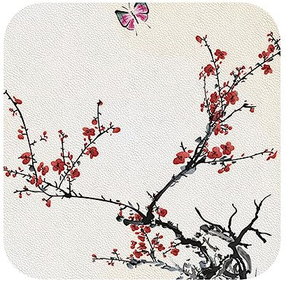 Untersetzer aus Leder mit Kirschbaum und Schmetterling, für Damen und Herren, für verschiedene Tassen, Tische und Heimdekoration, 10,2 cm, 6 Stück