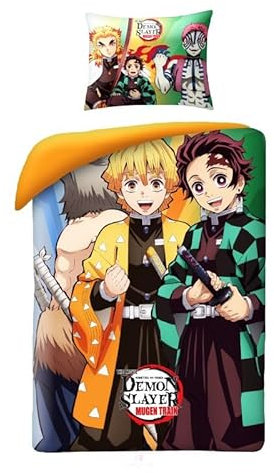 Bettwäsche Demon Slayer, wendbarer Bettbezug 140 x 200 cm + Kissenbezug, 100 % Baumwolle, mit Tanjirō Kamado und Zenitsu Agatsuma