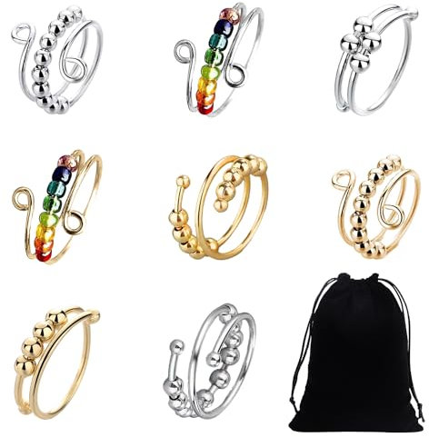 8 Stück Stressabbau-Ringe, Verstellbarer Spaltring mit Perlen, Anti-Stress-Ring, Angstring, Drehring, mit 1 Aufbewahrungstasche, zur Angstlinderung, Dekoration, Damen, Mädchen