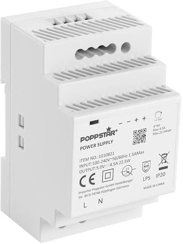 Poppstar Hutschienen-Netzteil P-60-5- 5V 22,5W (Input 100-240 V AC 50/60 Hz, Output 5 V DC 4,5 A 22,5 W)