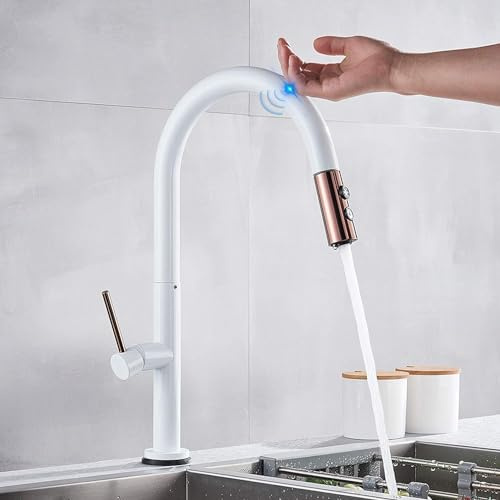 JQFDD Rubinetti da Cucina Touch con spruzzatore Estraibile, rubinetti sensore per lavelli da Cucina, Rubinetto ad attivazione tattile monocomando, Miscelatore da Cucina,Bianca