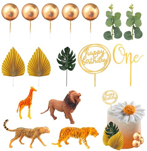 16 Stück Dschungelthema Kuchendekorationen, Giraffe Löwe Tiger Leopard Kuchendeckel, Wildtier 3D Dekorationen, Schildkrötenblatt- Und Geldblattdekorationen, Goldene Geburtstagstorte Karte Einlegen