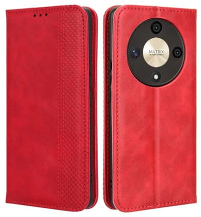 GOKEN Leder Folio Hülle für Honor Magic 6 Lite 5G / Honor X9b, Lederhülle Brieftasche Mit Kartensteckplätzen, Premium Flip PU/TPU Handyhülle Schutzhülle Case Cover mit Ständer Funktion (Rot)