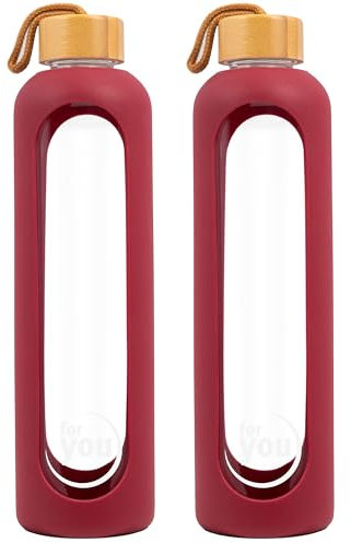 for you Nachhaltige Trinkflasche | 1000ml aus Glas mit Silikonhülle & spülmaschinenfest | 1Liter Auslaufsichere Wasserflasche mit Bambusdeckel | geeignet von -20°C – 150°C (Doppelpack Red Berry)