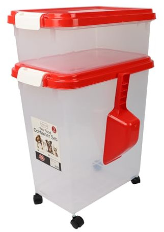 DIVCHI 3-Piece Airtight Pet Food Storage Container With Plastic Measuring Scoop Treats For Pet Dog Cat Animal Dry Food Dispenser With Casters Wheels (RED)