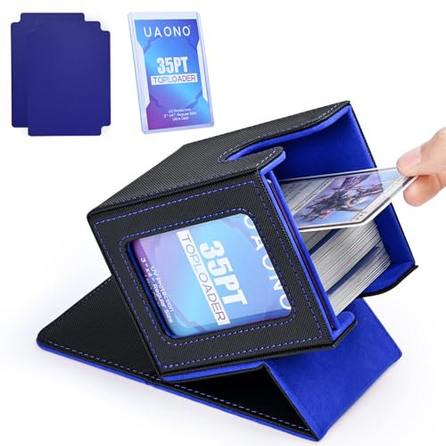 UAONO Magic Deck Box mit MTG Commander-Display, Patentiertes Deck Boxen für 100+ Karten, Sammelkarten-Aufbewahrungsboxen, Spielkarten Deck Case, mit 2 Trennwänden, 1 Toploader (Schwarz Blau)