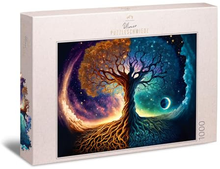 Ulmer Puzzleschmiede - Puzzle 1000 Teile „Weltenbaum“ - magisch-düster inszeniertes Yggdrasil-Motiv - nordische Mythologie - Premium-Puzzle für Erwachsene - Qualität Made in Germany