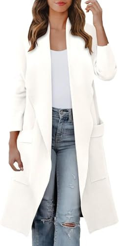 Cappotto Cardigan Allentato a Maniche Lunghe con Bottoni Eleganti con Risvolto Lungo da Donna Cardigan in Puro Colore Cappotto Medio Lungo con Giacca Tascabile (Bianco,L)