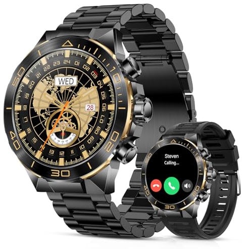Smart Watch for Men Answer/Make Call for Android iPhone, 1.43 AMOLED HD Screen Mens Luxury Watch, 400mAh Heavy Duty Smartwatch Heart Rate Blood Oxygen Blood Pressure Sleep Monitor Pedometer, 2 Straps