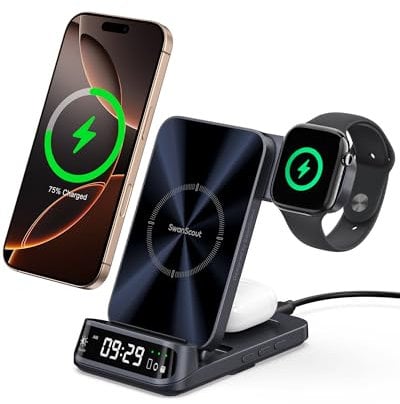 SwanScout Cargador Inalámbrico para iPhone, SwanScout 708A, Estación de Carga 3 en 1 para iPhone Serie 16/15/14/13/12, Base de Carga Plegable para Apple Watch Ultra 2/10/9, para AirPods(Sin Adaptador)