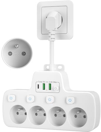 Prise Multiple USB,Multiprise Murale 4 Prises Frontales Françaises avec Terre 2P+T,Prise avec Interrupteur Individuel,Multiprise Electriqu Parafoudre Secteur Chargeur USB Câble Court 0,1M,Blanc