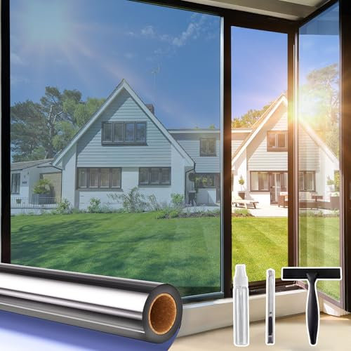 Lifetree Spiegelfolie Fensterfolie Blickdicht Sichtschutz von außen, 90x200 cm, Sonnenschutzfolie mit UV-Schutz und Hitzeschutz, selbstklebend, ideal für Wohnzimmer und Büro, Blau-Silber